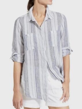 Athleta Women’s 100% Line  White and Blue Vertical Stripe Button-Down Shirt
